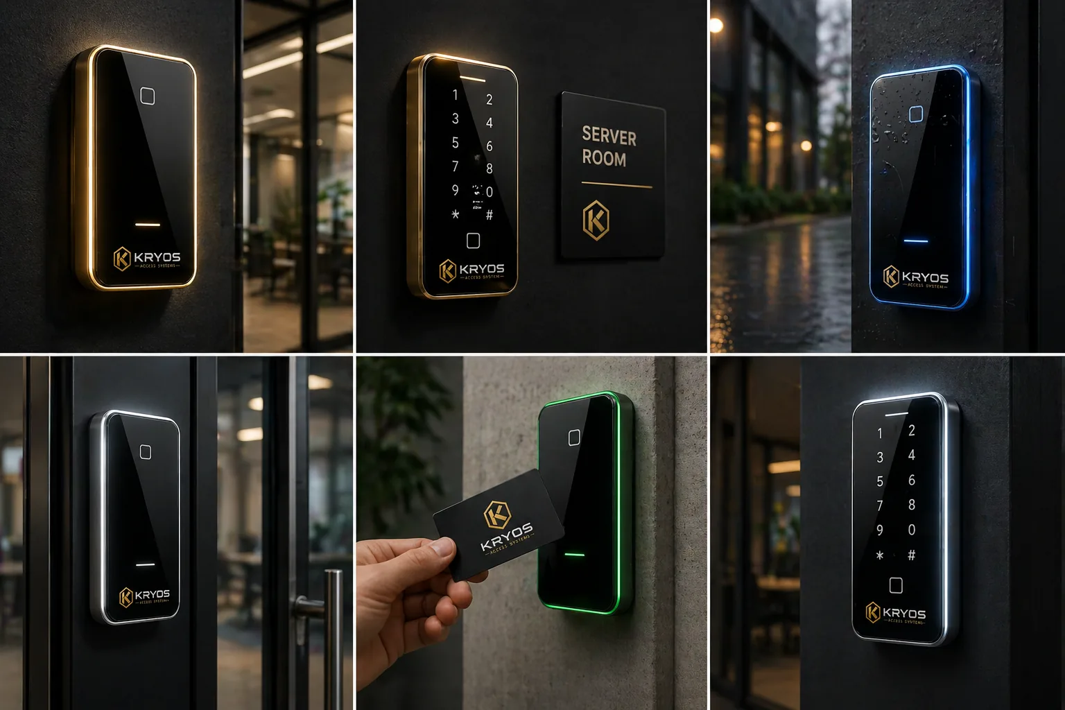 Modern access-control readers in a commercial lobby