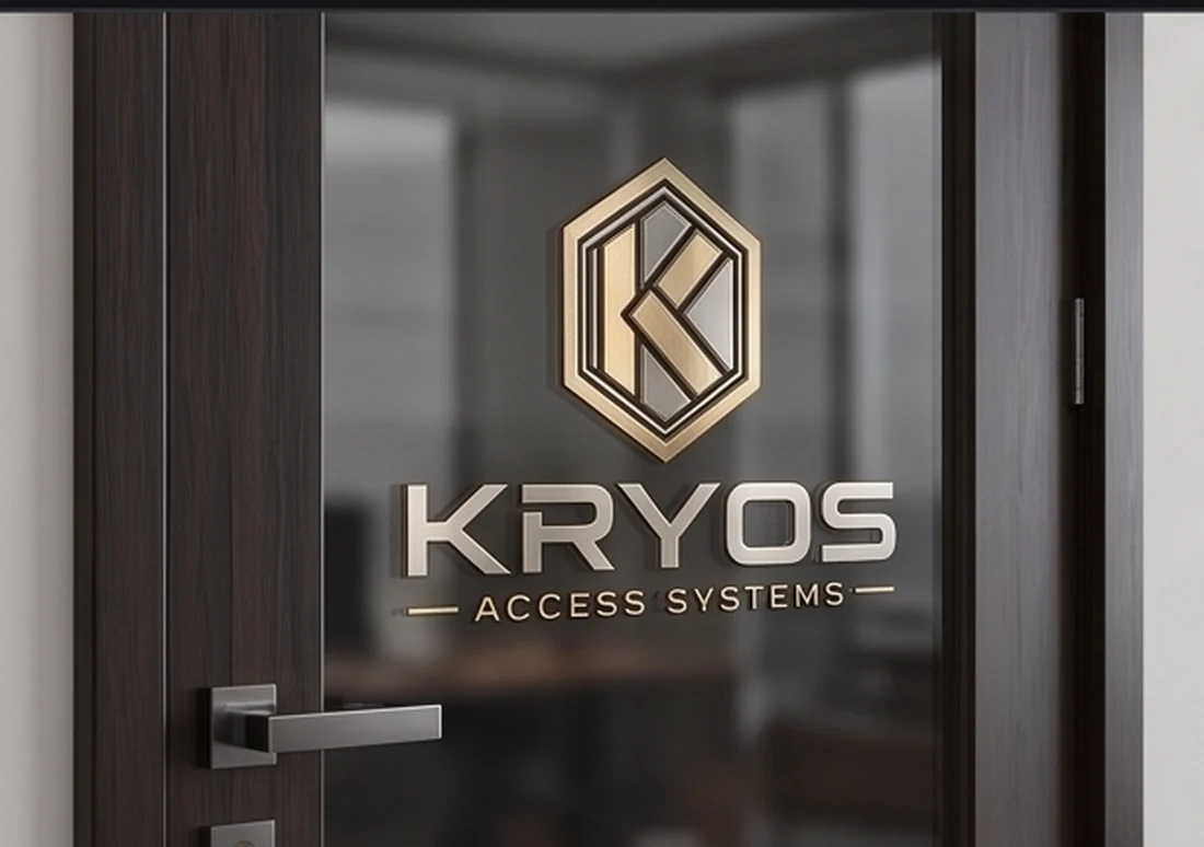 Kryos-branded glass entrance door in a modern office interior