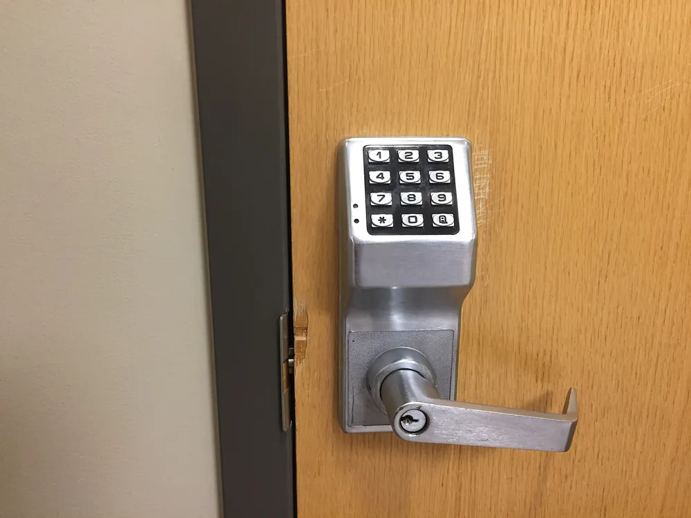 Keypad access-control lock installed on an office door