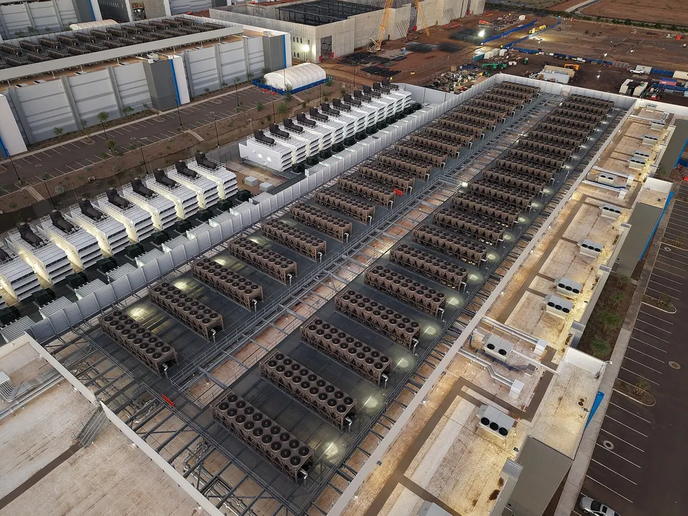 Aerial view of a modern data center cooling installation